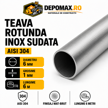Teava rotunda inox sudata AISI 304, 6 x 1 mm, 6 metri